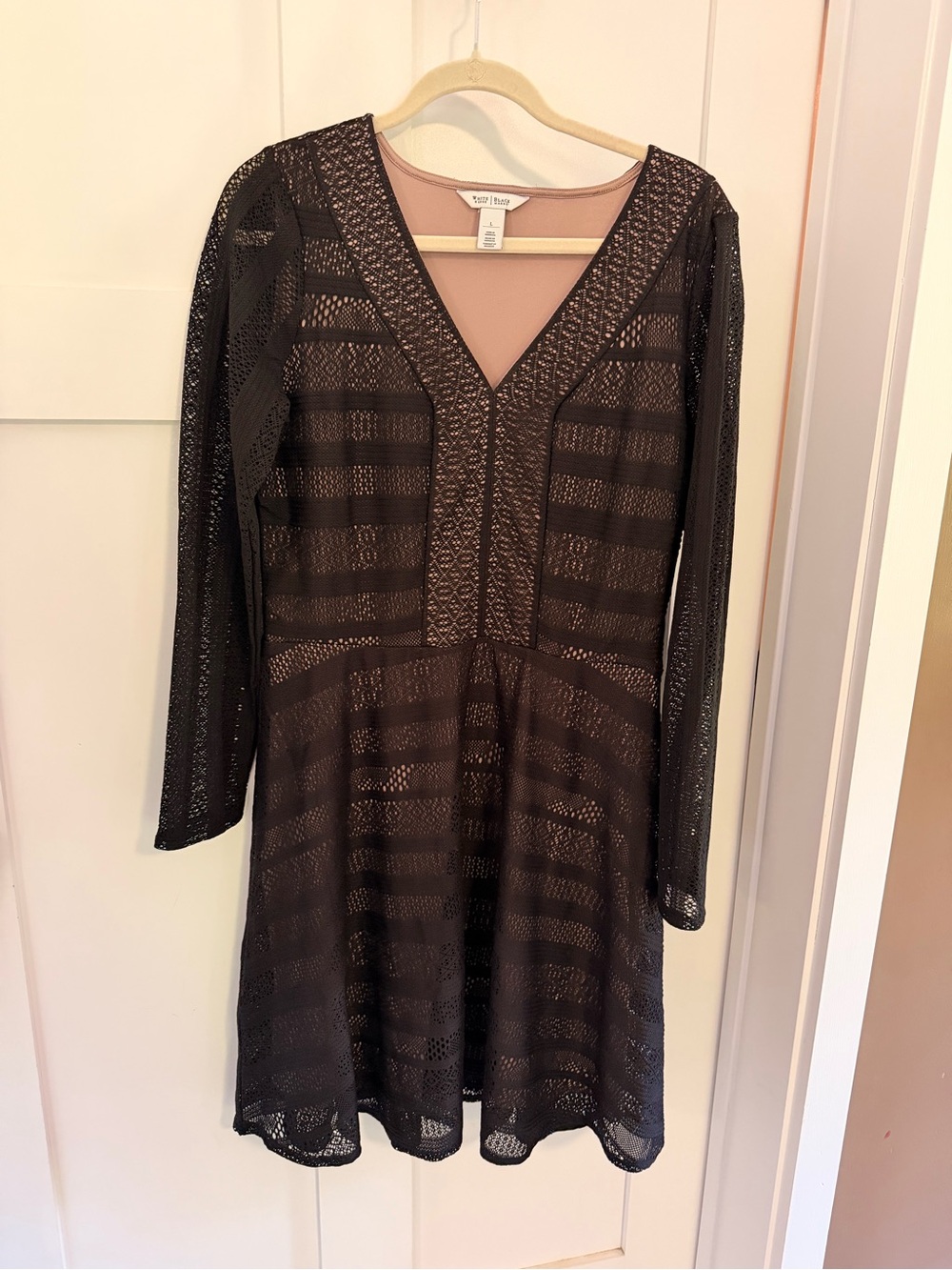 White House Black Market Black Lace V-Neck Long Sleeve Dress with Nude Lining